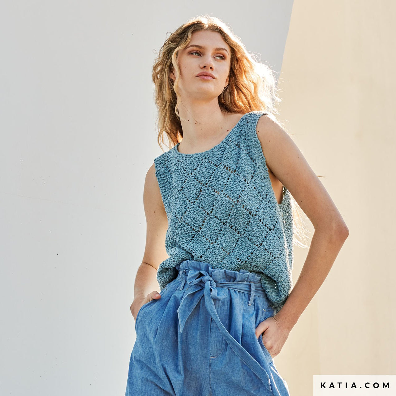 Katia Modele Pull Ete Femme Coton Kit De Tricot- Top Motif Ajouré