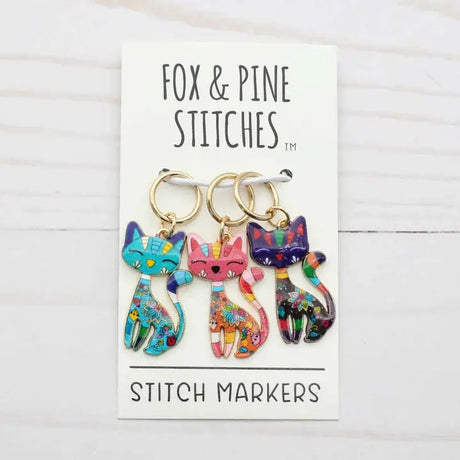 ''Cat” stitch markers and progress keepers by Fox & Pine Stitches
