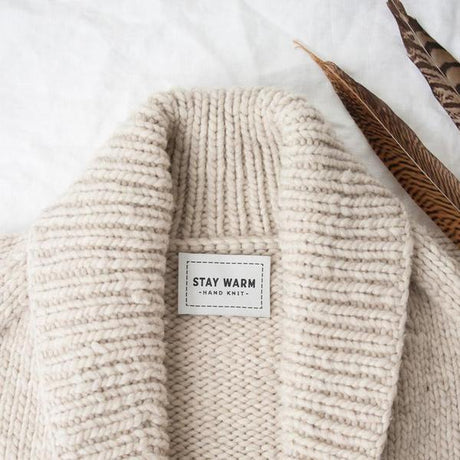 "Stay Warm Hand Knit" woven label by Twig & Horn