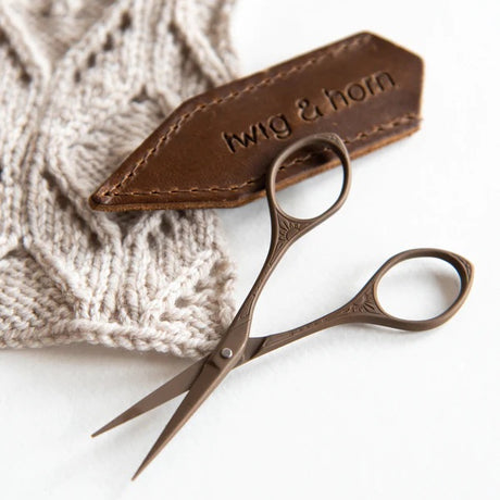 Bronze yarn snips with leather case by Twig & Horn